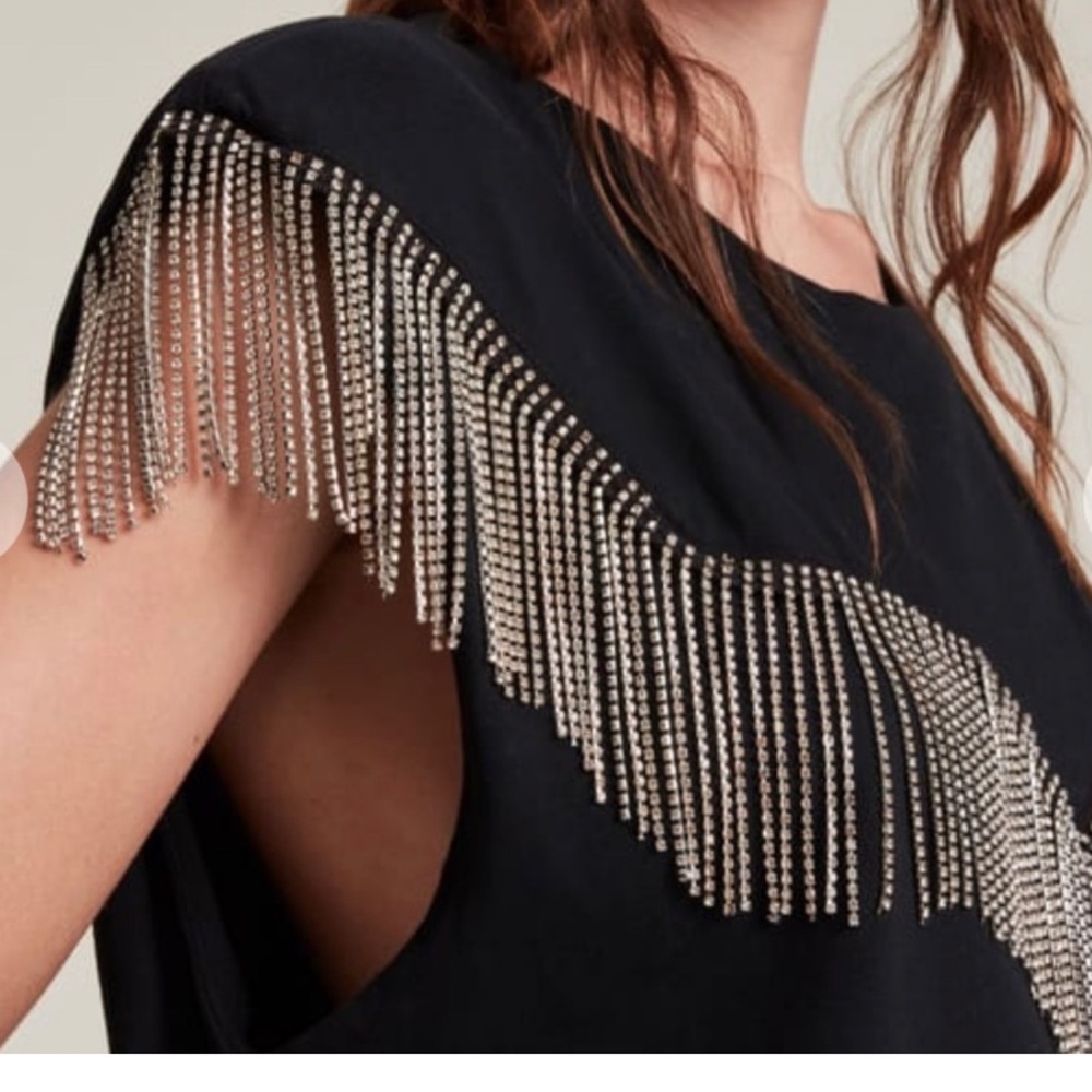 All Saints Conni black tassel diamanté top with shoulder pads. Size small.